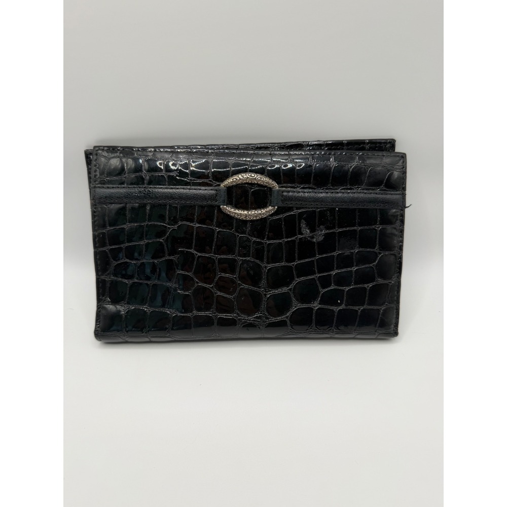 Brighton Black Croc Embossed Patent Leather Wallet Pewter Metallic Interior